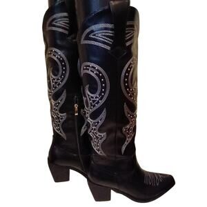 Wet Kiss Black Knee-High Cowboy Chunky Heel Boots (NWOB) - 9